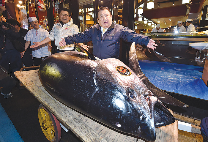 TOKYO: President of sushi restaurant chain Sushi-Zanmai, Kiyoshi Kimura, displays a 278 kg bluefin tuna at his main restaurant yesterday. — AFP