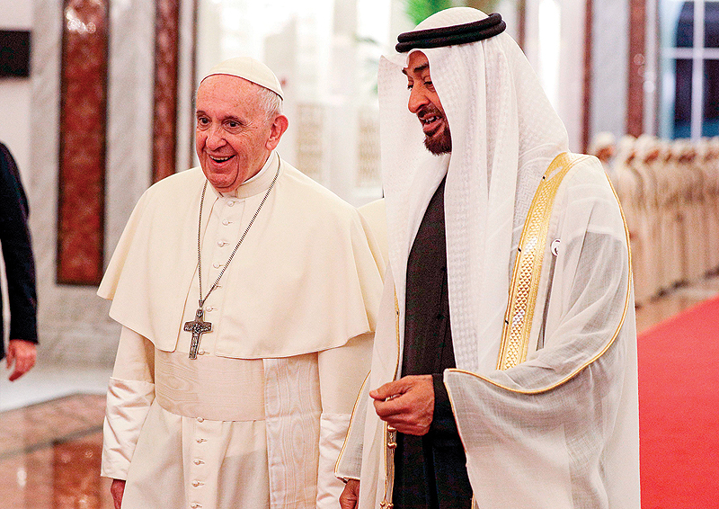 ABU DHABI: Pope Francis is welcomed by Abu Dhabi's Crown Prince Sheikh Mohammed bin Zayed Al-Nahyan upon his arrival at Abu Dhabi International Airport yesterday. – AFP 
