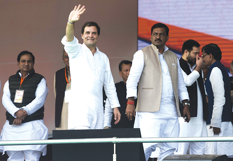 PATNA: Indian National Congress party President Rahul Gandhi waves during a political rally held at Gandhi Maidan in Patna in the Eastern state of Bihar. — AFP