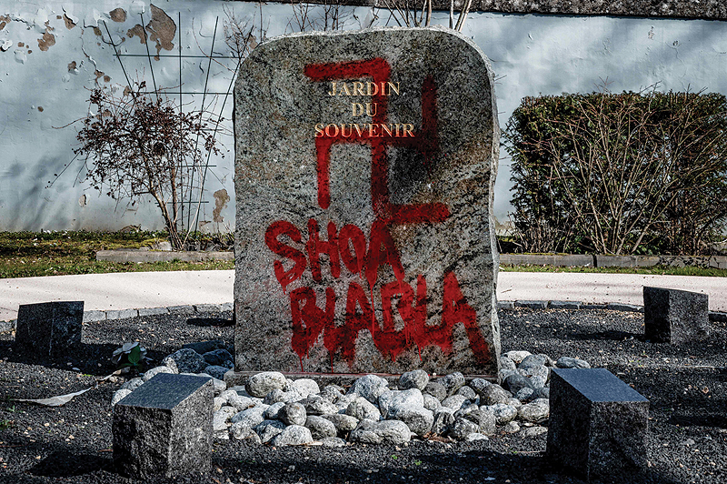 RHONE: Photo shows a swastika and the words ‘Shoa blabla’ on the stele of the ‘Jardin du Souvenir’ (Garden of Memories) after anti-semitic graffiti was discovered in the Champagne-au-Mont-díOr cemetery.— AFP