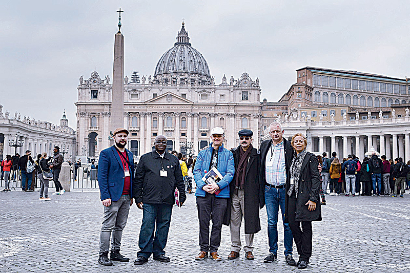 ROME: (From left) Victims of sexual abuse Maniuse Mileiosky, Benjamin Kitobo, Peter Saunders, Jacques, Marek Lisinski and Denise Buchanan pose in front of Saint Peter’s square in Rome. —AFP