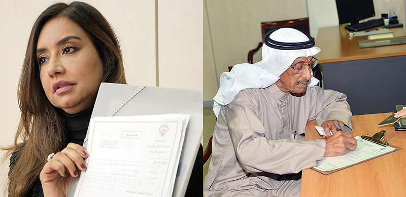 KUWAIT: (Left) Candidate Reem Al-Eidan shows her registration documents after applying to run for the upcoming parliamentary by-elections slated for March 16. (Right) Yousuf Al-Methn registers as a candidate for the upcoming parliamentary by-elections — Photos by Fouad Al-Shaikhn