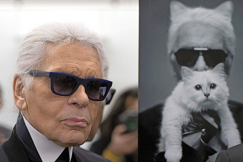In this file photo taken on February 7, 2014 German fashion designer Karl Lagerfeld poses next to a photo of himself and his cat Choupette during a visit to the workshops that work for Chanel in Pantin, outside of Paris
