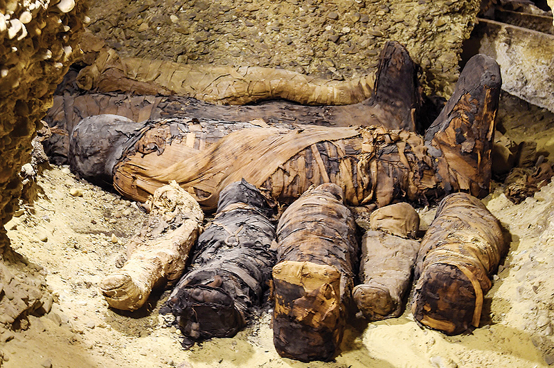 TUNAH AL-GABAL, Egypt: Newly-discovered mummies wrapped in linen found in burial chambers dating to the Ptolemaic era are seen at a necropolis in southern Minya province yesterday. – AFP 