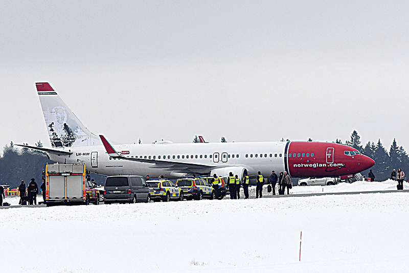 STOCKHOLM:  A picture shows a Norwegian Air Shuttle plane on the tarmac at Arlanda Airport in Stockholm, where it returned safely after receiving a bomb threat shortly after take-off.-AFP 
