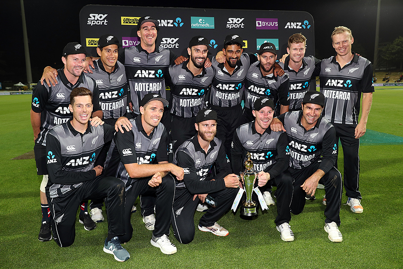 HAMILTON: New Zealand players celebrate winning the third Twenty20 international cricket match between New Zealand and India in Hamilton yesterday. – AFP