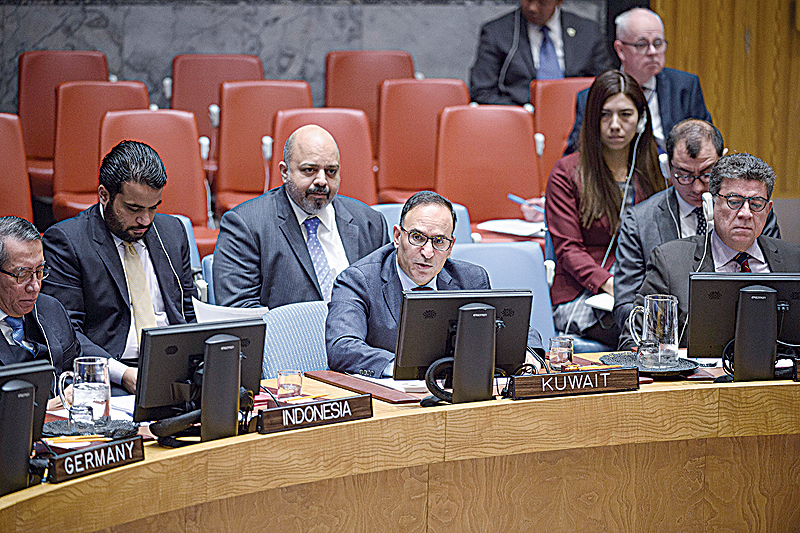 NEW YORK: Kuwait’s permanent representative to the UN Ambassador Mansour Al-Otaibi speaks during a Security Council meeting on organized crime. —KUNA
