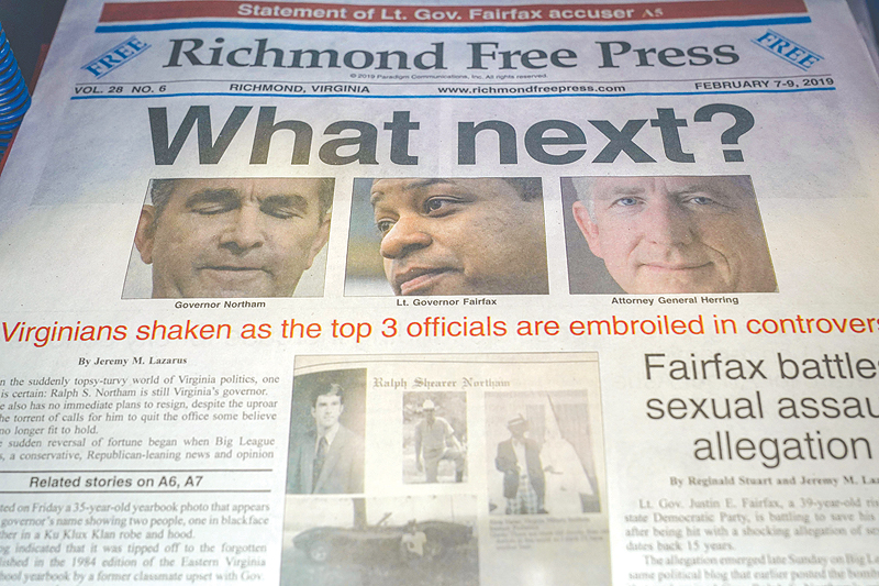 VIRGINIA: A local newspaper the Richmond Free Press, with a front page featuring top Virginia state officials embroiled in controversies, sits for sale in a newsstand near the Virginia State Capitol in Richmond, Virginia. — AFP