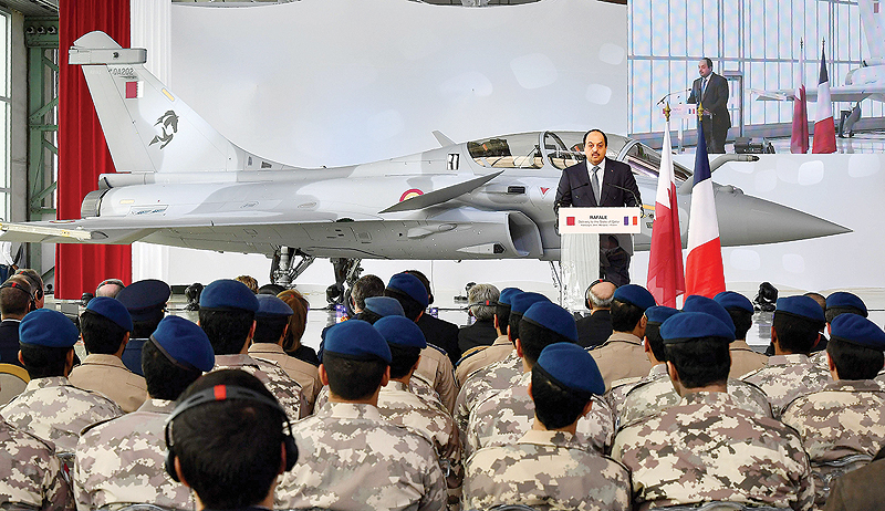 MERIGNAC, France: Qatari Defense Minister Khalid Al-Attiyah delivers a speech during a ceremony for the delivery of its first Rafale multipurpose fighter from French manufacturer Dassault yesterday. -  AFP  