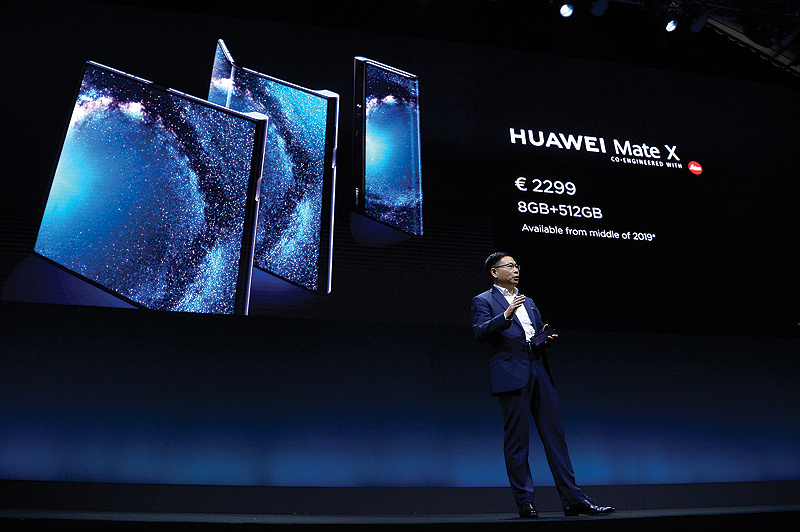 BARCELONA: Richard Yu, the CEO of Huawei's consumer products division presents the new HUAWEI Mate X foldable smartphone at the Mobile World Congress (MWC), on the eve of the world's biggest mobile fair. – AFP 