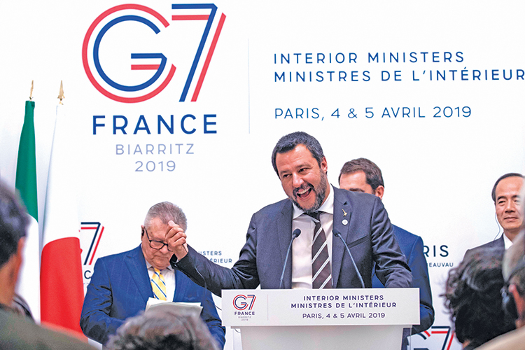 Italyís Interior Minister and deputy PM Matteo Salvini speaks during a press conference at the Ministry of Interior, Place Beauvau, in Paris on April 5, 2019 following meetings to prepare the G7 Summit in the seaside resort of Biarritz which will take place from August 25 to 27, 2019. (Photo by KENZO TRIBOUILLARD / AFP)