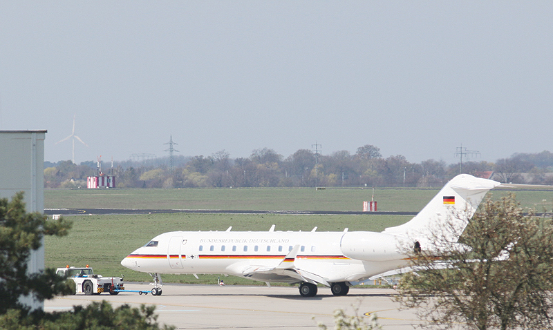 SCHONEFELD: A Global 5000 jet of the government stands at Schoenefeld Airport in Berlin. After a malfunction shortly after take-off, the aircraft was reversed and landed at Berlin-Schoenefeld Airport with major problems. —AFP