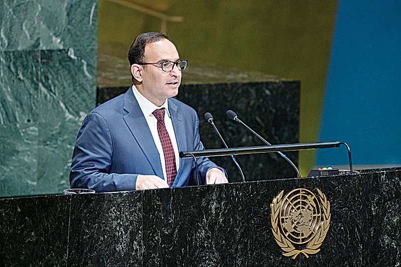 NEW YORK: Kuwait’s Permanent Representative to the UN Ambassador Mansour Al-Otaibi speaks during a UN General Assembly session late Tuesday. —KUNA