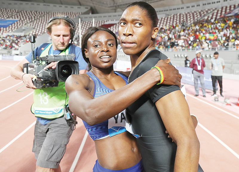 DOHA: South Africa’s Caster Semenya is congratulated after winning the women’s 800m during the IAAF Diamond League competition in Doha. —AFP