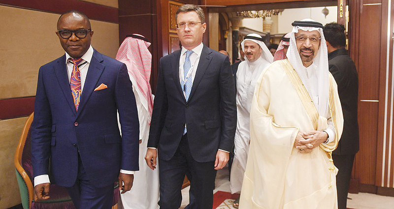 JEDDAH: (Left to right) Nigerian Energy Minister Emmanuel Ibe Kachikw, Russian Energy Minister Alexander Novak, and Saudi Arabian Energy Minister Khalid Al-Falih arrive to the one-day OPEC+ group meeting in the Saudi city of Jeddah yesterday. - AFP n