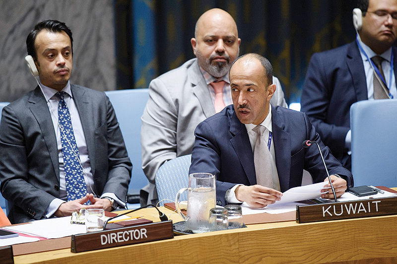 Kuwaiti deputy Charge d’affaires to the United Nations, Counselor Bader Al-Munikh, speaks during a Security Council session