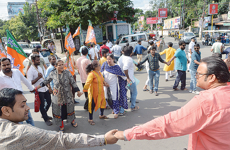 WEST BENGAL: Indian supporters of the Bharatiya Janata Party (BJP) shout slogans as they block a road during a protest against the recent killings at Sandeshkhali in West Bengal yesterday. —AFP