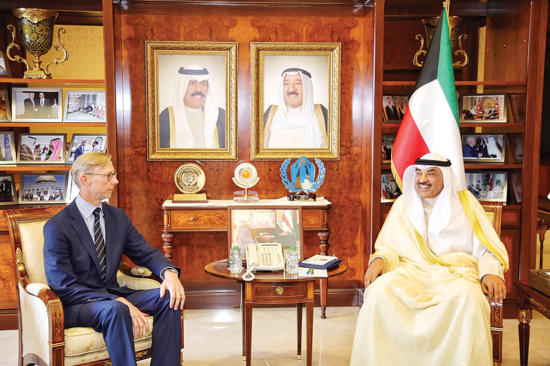 KUWAIT: Kuwaiti Deputy Prime Minister and Foreign Minister Sheikh Sabah Al-Khaled Al-Hamad Al-Sabah meets with the visiting US Special Representative for Iran Brian Hook. — KUNA photos
