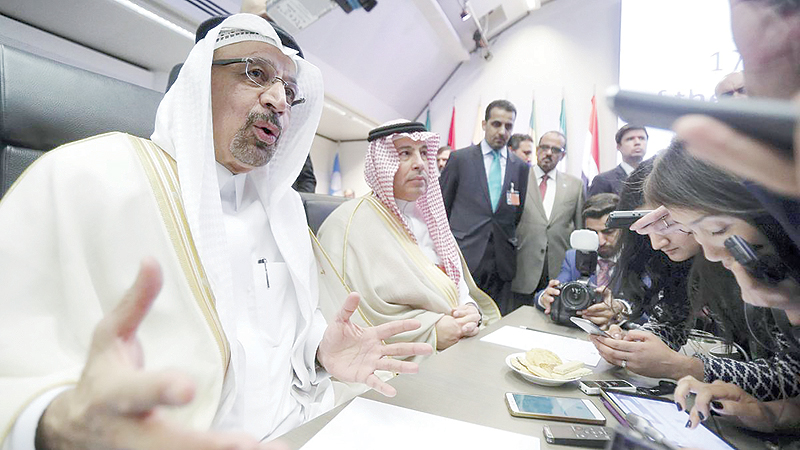 Saudi Arabia’s Minister of Energy, Industry and Mineral Resources Khalid Al-Falih speaks to reporters. —Reuters