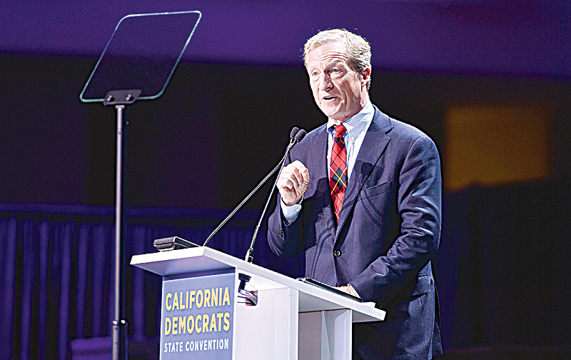 SAN FRANCISCO: In this file photo US philanthropist Tom Steyer speaks on stage during the 2019 California Democratic Party State Convention at Moscone Center in San Francisco, California. —AFP