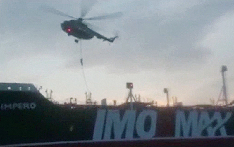 This image grab taken from a video provided by Iran’s Revolutionary Guard official website via SEPAH News on Saturday shows Revolutionary Guard Corps boarding the British-flagged tanker Stena Impero in the Strait of Hormuz. —AFP
