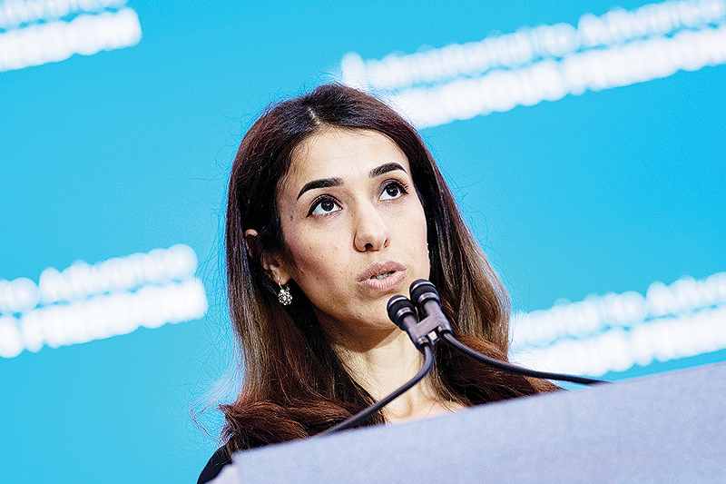 WASHINGTON: Nadia Murad, an Iraq Yazidi once held captive by the Islamic State, speaks during a religious freedom summit at the US Department of State in Washington, DC. —AFP