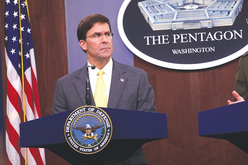ARLINGTON, VIRGINIA - AUGUST 28: U.S. Secretary of Defense Mark Esper holds a media briefing at the Pentagon August 28, 2019 in Arlington, Virginia. Secretary Esper participated in his first media briefing since he took office in July, 2019.   Alex Wong/Getty Images/AFP