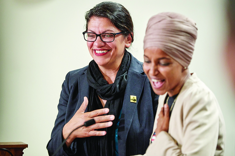 ST PAUL, MN - AUGUST 19: U.S. Reps. Rashida Tlaib (D-MI) and Ilhan Omar (D-MN) hold a news conference on August 19, 2019 in St. Paul, Minnesota. Israeli Prime Minister Benjamin Netanyahu blocked a planned trip by Omar and Tlaib to visit Israel and Palestine citing their support for the boycott, divestment, and sanctions (BDS) movement against Israel.   Adam Bettcher/Getty Images/AFPn== FOR NEWSPAPERS, INTERNET, TELCOS &amp; TELEVISION USE ONLY ==