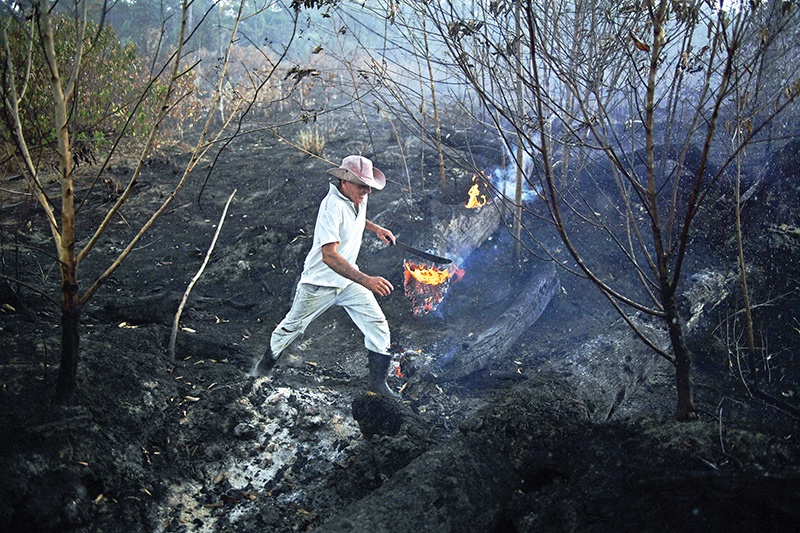 Brazilian farmer Helio Lombardo Do Santos is seen at a burnt area of the Amazon rainforest, near Porto Velho, Rondonia state, Brazil, on August 26, 2019. - Hundreds of new fires have flared up in the Amazon in Brazil, data showed Monday, even as military aircraft dumped water over hard-hit areas and G7 nations pledged to help combat the blazes. Smoke choked Port Velho city and forced the closure of the airport for nearly two hours as fires raged in the northwestern state of Rondonia where fire-fighting efforts are concentrated, amid a growing global uproar and a diplomatic spat between France and Brazil. (Photo by CARL DE SOUZA / AFP)