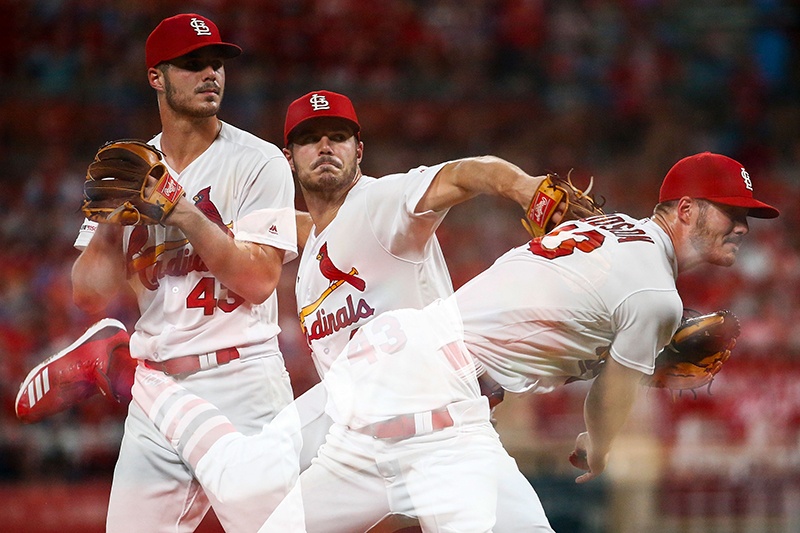 ST LOUIS, MO - AUGUST 19: (Editors Note: Image was created using multiple exposure in camera) Dakota Hudson #43 of the St. Louis Cardinals delivers a pitch against the Milwaukee Brewers in the sixth inning at Busch Stadium on August 19, 2019 in St Louis, Missouri.   Dilip Vishwanat/Getty Images/AFP