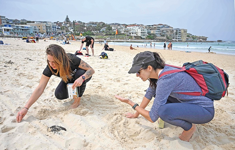 Bondi cleanup day co-ordinator Julie Montedoro, 29, (L) and Isabel Young Perez, 32, (R) take part in a beach cleanup on Bondi beach in Sydney on September 21, 2019. - A handful of people trawled on hands and knees through the sand in search of tiny pieces of plastic and metal missed by the council's industrial beach cleaner with the group collecting an array of broken plastics, cigarette butts and packaging at the iconic beach.. (Photo by PETER PARKS / AFP)