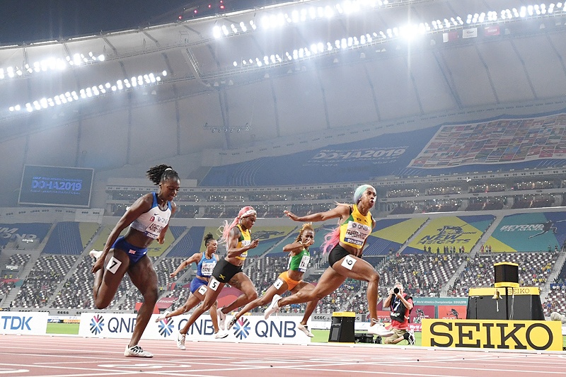 nnDOHA: Jamaica's Shelly-Ann Fraser-Pryce finishes first ahead of Britain's Dina Asher-Smith, Ivory Coast's Marie-Josee Ta Lou and Jamaica's Elaine Thompson in the Women's 100m final at the 2019 IAAF World Athletics Championships at the Khalifa International Stadium in Doha. – AFPnn
