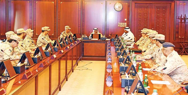 KUWAIT: Acting Prime Minister and Defense Minister Sheikh Nasser Sabah Al-Ahmad Al-Sabah meets top military officials at Seif Palace yesterday. - KUNA 