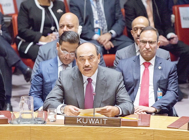 NEW YORK: Kuwaiti Foreign Minister Sheikh Sabah Al-Khaled Al-Hamad Al-Sabah addresses the UN Security Council on Wednesday. —KUNA