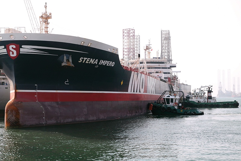 The British-flagged oil tanker Stena Impero, is docked in Dubai after sailing from the Iranian port of Bandar Abbas where it was held for over two months, on September 28, 2019. - Iran's Revolutionary Guards had seized the vessel in the Strait of Hormuz on July 19 after surrounding it with attack boats and rappelling onto its deck. It was impounded for allegedly failing to respond to distress calls and turning off its transponder after hitting a fishing boat. (Photo by Christopher Pike / POOL / AFP)