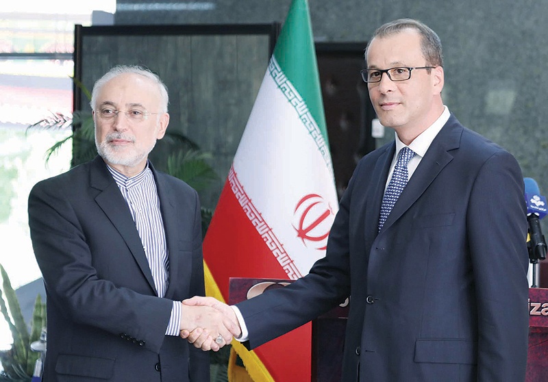 TEHRAN: Head of the Atomic Energy Organization of Iran Ali Akbar Salehi (left) shakes hands with Acting Director General of the International Atomic Energy Agency (IAEA) Cornel Feruta during their meeting yesterday. - AFP  