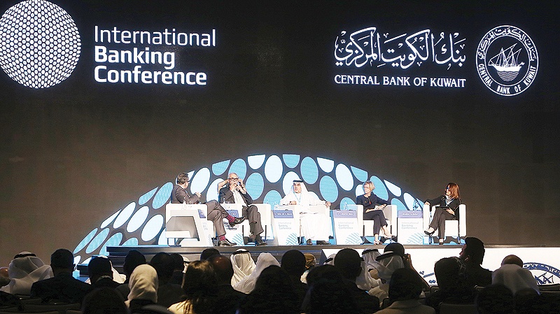 nKUWAIT: (From left to right), Moderator and Editor at Large Reuters Axel Threfall, and panelists Central Bank of Bahrain Governor Rasheed Mohammed Al-Maraj, CEO, Mashreq Group, UAE, Abdul Aziz Al-Ghurair, Global Chief Economist, Citibank, Dr Catherine Mann and Deputy Group CEO Shaikha Khaled Al-Bahar during the 'International Banking Conference: Shaping the Future' yesterday. --Photos by Yasser Al-Zayyat. n