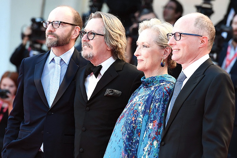 (From second left) British actor Gary Oldman, US actress Meryl Streep and US director Steven Soderbergh arrive for the screening of the film “The Laundromat”.
