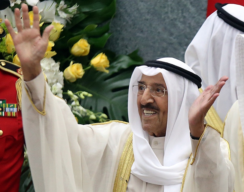Emir of Kuwait Sheikh Sabah Al-Ahmad Al-Sabah waves during the opening ceremony of the new legislative year at the National Assembly in Kuwait City, on October 29, 2019.