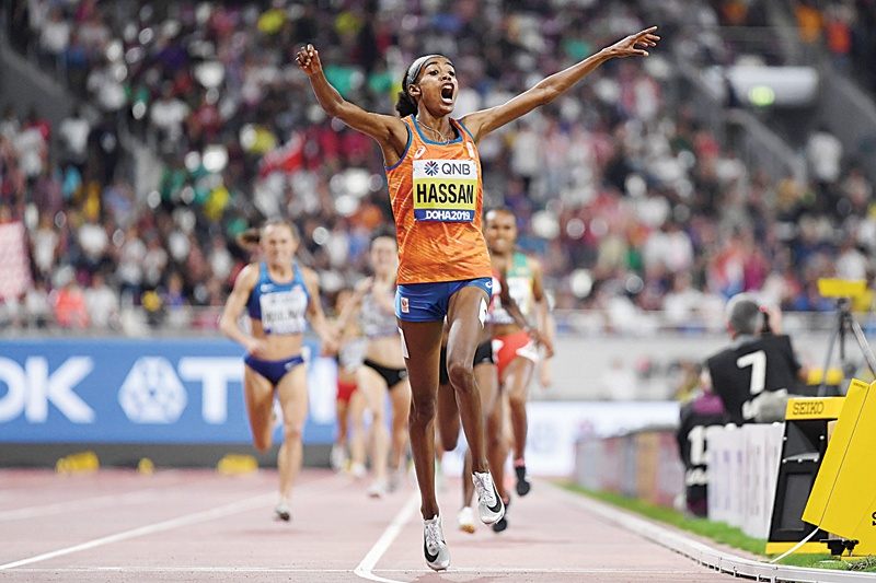 DOHA: Netherlands’ Sifan Hassan wins the Women’s 1500m final at the 2019 IAAF Athletics World Championships at the Khalifa International stadium in Doha. —AFP