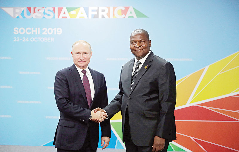 SOCHI: Russian President Vladimir Putin meets with his Central African counterpart Faustin Archangel Touadera on the sidelines of the 2019 Russia-Africa Summit. — AFP