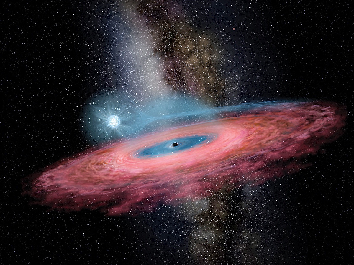 This handout picture received on Nov 26, 2019 shows a rendering of the accretion of gas onto a stellar black hole from its blue companion star through a truncated accretion disk. —AFP