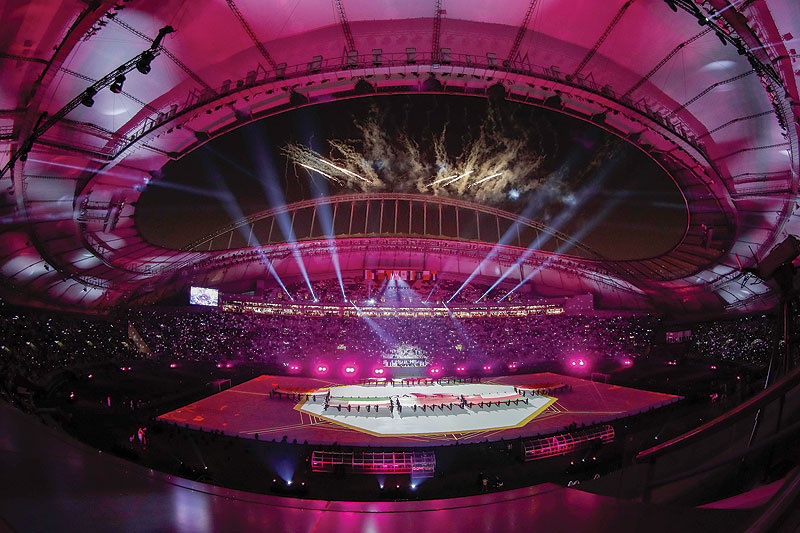 DOHA: Fireworks are seen above Khalifa International stadium ahead of the 24th Arabian Gulf Cup Group A football match between Qatar and Iraq in the Qatari capital yesterday. – AFP