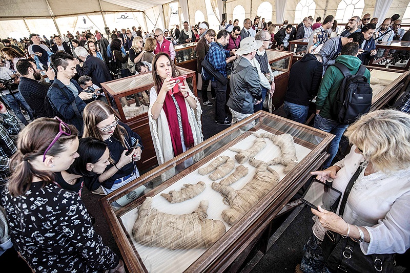 GIZA, Egypt: Visitors observe mummies of cats and other felines displayed after the announcement of a new discovery at the Saqqara necropolis yesterday. - AFP 