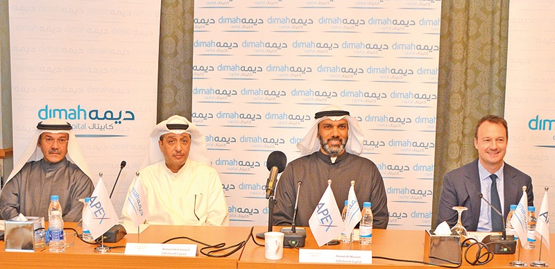 KUWAIT: (From left) Ahmad Al-Qatami, SVP, Dimah Capital; Waleed Mohammed, Senior Vice President and Head of Alternative Investments at Dimah Capital; Hosam Al-Muzaiel, Vice Chairman and CEO of Dimah Capital and John Gaghan CEO APEX Capital are pictured during the press conference
