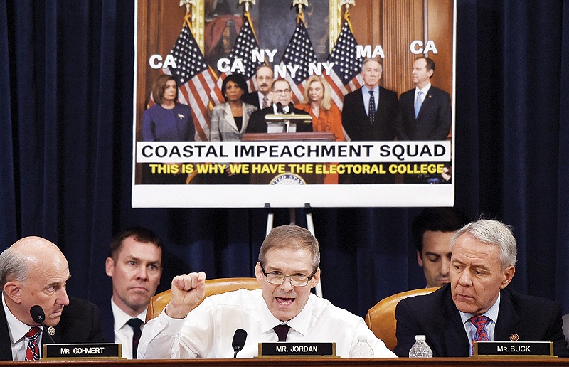 WASHINGTON: US Representative Jim Jordan (C) (R-OH) delivers opening remarks during the House Judiciary Committee’s markup of House Resolution 755, Articles of Impeachment Against President Donald J Trump on Capitol Hill in Washington, DC, on December 11, 2019. — AFP