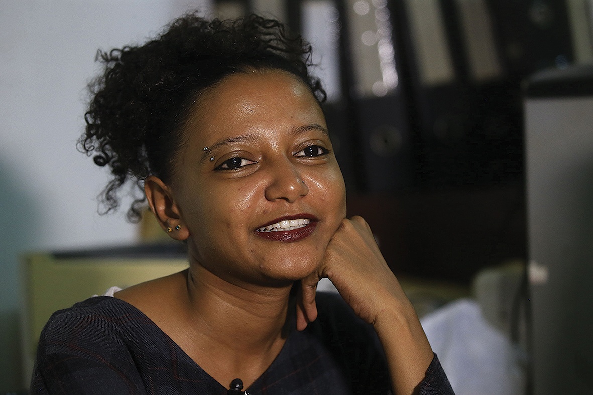 Sudanese director Mahira Selim looks on during an interview in the capital Khartoum.