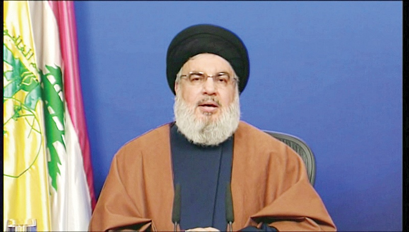 BEIRUT: An image grab taken from Hezbollah’s al-Manar TV on Friday shows Hassan Nasrallah, the head of Hezbollah, delivering a televised address from an undisclosed location in Lebanon. — AFP