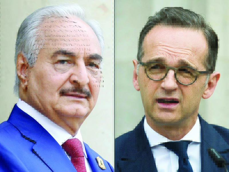 (COMBO) This combination of pictures created on January 16, 2020 shows Libyan National Army's Field Marshal Khalifa Haftar (L, in Paris on May 29, 2018) and German Foreign Minister Heiko Maas (in Berlin on May 31, 2019). - Germany's foreign minister Heiko Maas headed to Libya on Thursday, January 16, 2020, to persuade strongman Khalifa Haftar to join an international conference on the conflict, as the UN urged support for the peace initiative. (Photos by ludovic MARIN and Odd ANDERSEN / AFP)