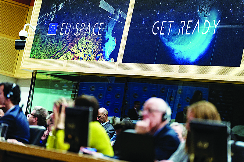 A picture taken on January 21, 2020 shows EU SPACE logo during the 12th European Space Conference in Brussels. (Photo by Kenzo TRIBOUILLARD / AFP)